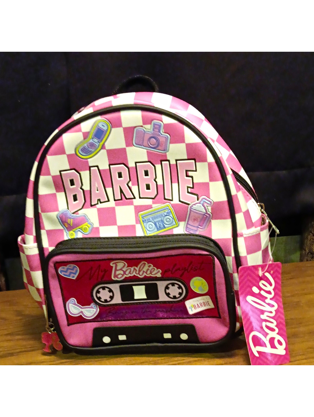 Barbie Pink Checkered Mini Backpack Zip Closure Synthetic Top Handle School